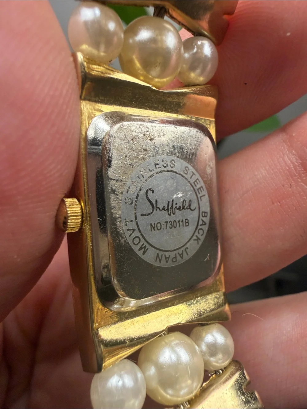 •SHEFFIELD• Vintage Quartz Gold Tone Faux Pearl Cuff Wrist Watch (not working)